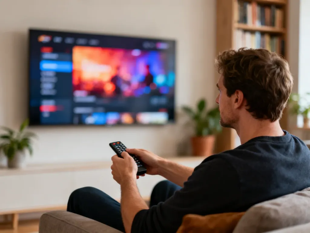 Mężczyzna siedzący na kanapie przed telewizorem z włączonym interfejsem serwisu streamingowego.