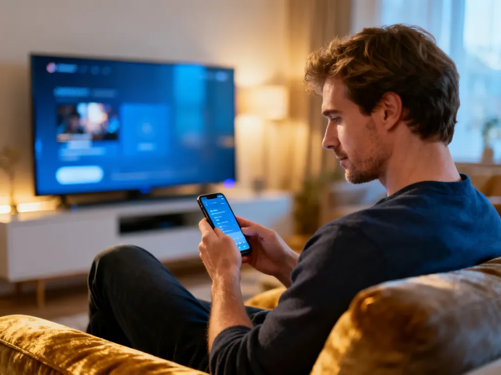Mężczyzna korzystający ze smartfona w przytulnym salonie z włączonym telewizorem, symbolizujący dostęp do serwisu Canal+.