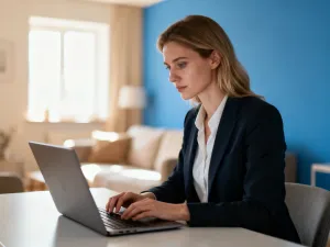 Mężczyzna korzystający z futurystycznego interfejsu holograficznego przy laptopie w nowoczesnym biurze.