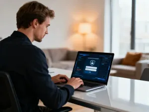 Mężczyzna korzystający z laptopa przy biurku, logujący się do internetowego panelu klienta E.ON.