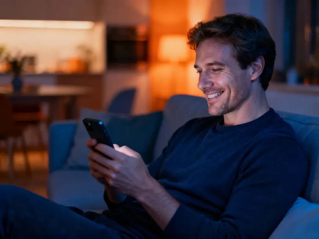 Mężczyzna zadowolony z korzystania ze smartfona na kanapie, ilustrujący łatwy dostęp do konta Netflix w domowym zaciszu.