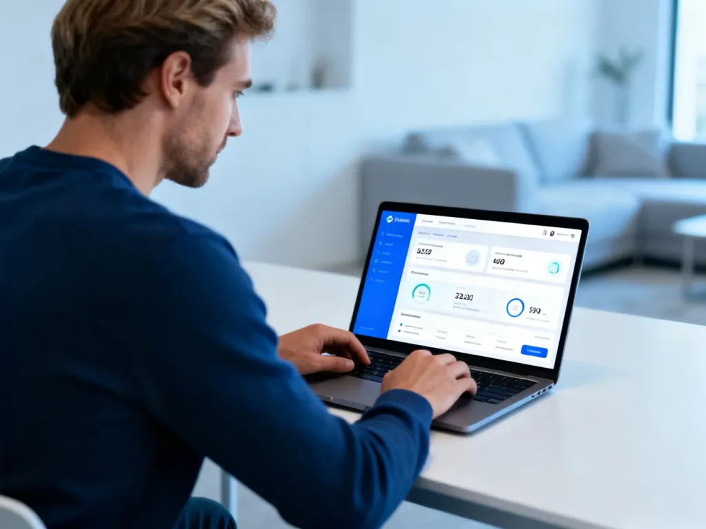 Mężczyzna korzystający z laptopa przy biurku, logujący się do internetowego panelu klienta E.ON.