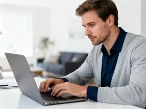 Profesjonalista pracujący przy laptopie z widocznym interfejsem logowania w nowoczesnym, biurowym wnętrzu.