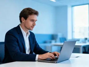 Mężczyzna pracujący przy laptopie z widocznym panelem logowania w nowoczesnym, profesjonalnym biurze.