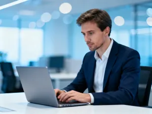 Mężczyzna pracujący przy laptopie w nowoczesnym biurze, korzystający z cyfrowego panelu obsługi konta.