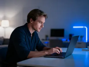 Mężczyzna pracujący przy laptopie w nowoczesnym biurze, logujący się do bezpiecznego systemu w domowym zaciszu.