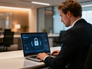 Kobieta pracująca przy laptopie w nowoczesnym biurze domowym, skupiona na obsłudze poczty elektronicznej.