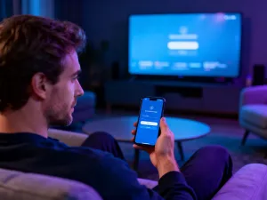 Mężczyzna korzystający ze smartfona przy laptopie, symbolizujący wygodny dostęp do serwisu streamingowego.